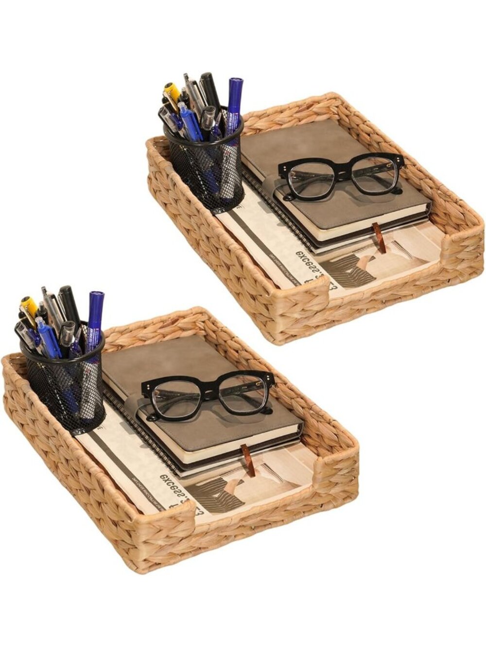 Set of 2 Woven Water Hyacinth Letter Trays - A4 File & Mail Organizer Baskets